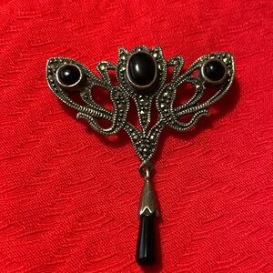 Vintage Marcasite Sterling Silver Brooch with Black Stones